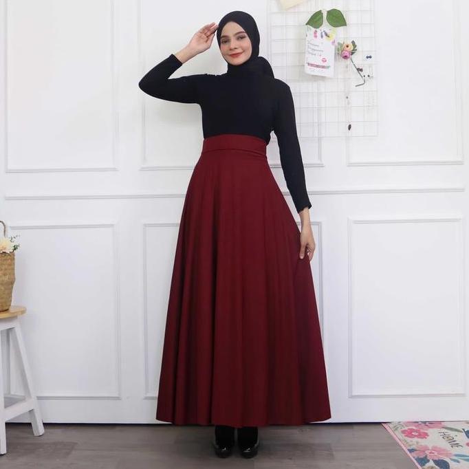 Rok Payung Panjang Wanita Rok Lebar Karet Tebal Muslim Bawahan Maxi Hitam TF