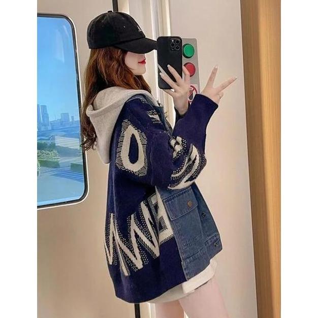 limited jaket denim zigzag oversize - jaket zipper hoodie gaya korean - patch work jaket