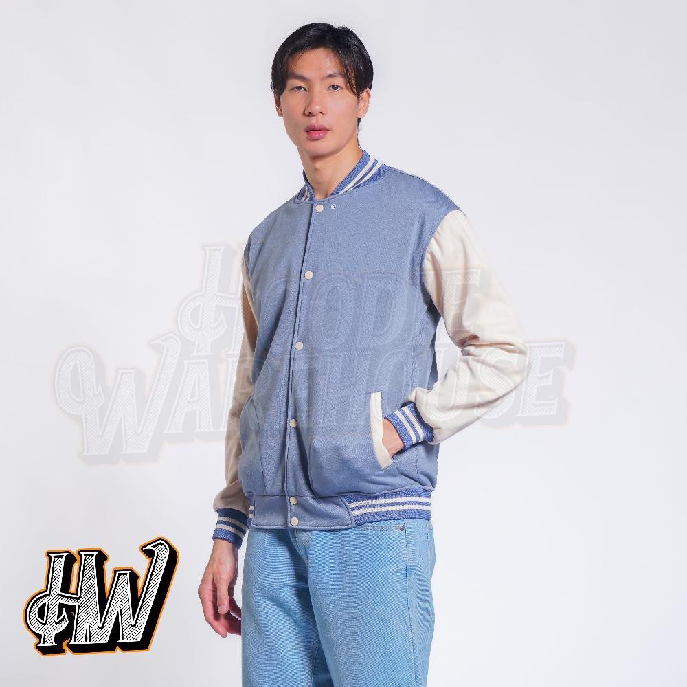 diskon jaket basebal varsity kancing denim tangan cream polos pria dan wanita unisex m-xxl