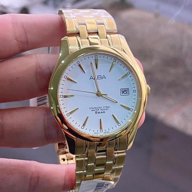 Ready  ALBA Analog Jam Tangan Pria Strap Rantai Gold AXHK82X1 Original