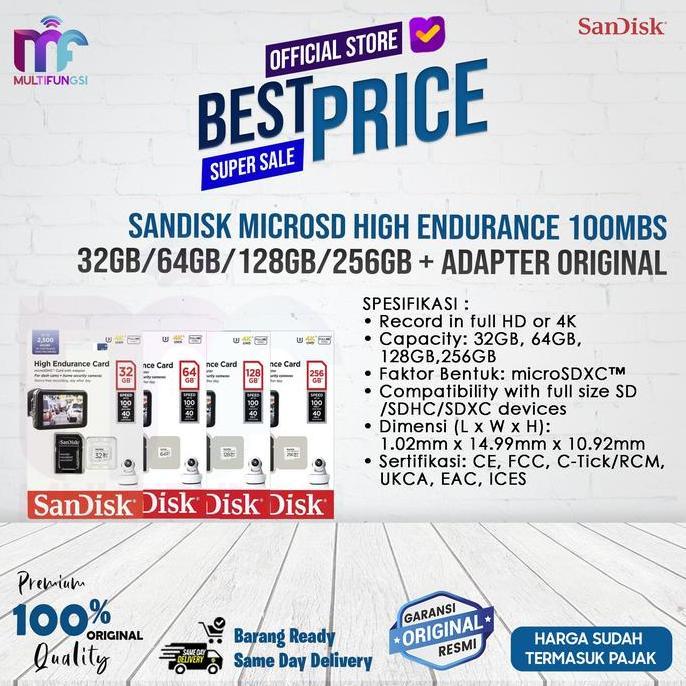 NEW SANDISK MICROSD HIGH ENDURANCE 100MBS 32GB/64GB/128GB/256GB + ADAPTER ORI