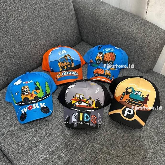 Topi Baseball Anak Laki Laki Motif Eskavator Truk Car Mobil Kontruksi Kekinian Ala Korea