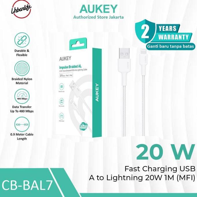 Murah Aukey Kabel Usb Type A To Lightning 20W 1M ( Mfi )  Bahan Braided Nylon Pengecasan Cepat Fast 