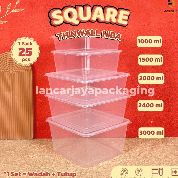 Hiba Thinwall Square Kotak Makan Plastik Persegi Wadah Nasi Berkat Kue 1000 1500 2000 2400 3000 Ml