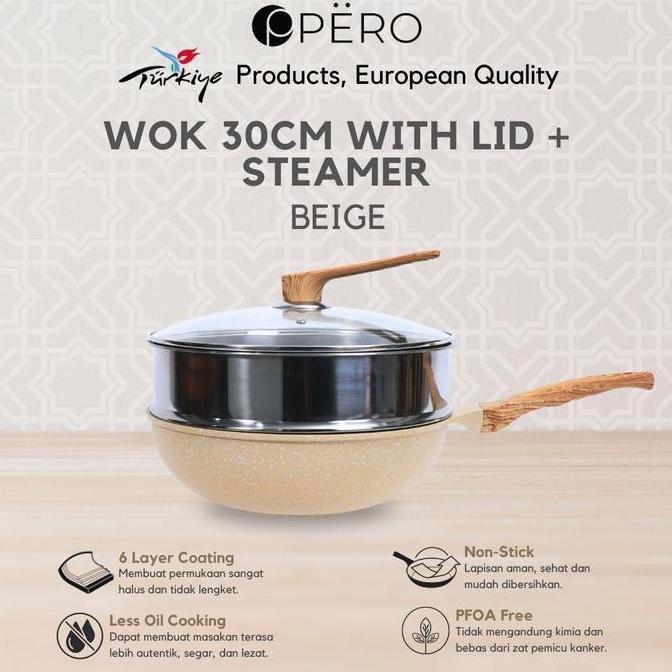 [Delladelli] Pero Wok 30cm  With Lid + Steamer / Wajan Granite Anti Lengket
