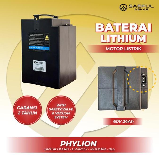 Phylion 60V 24Ah Baterai Sepeda Listrik Ofero Lithium | Set Baterai Lithium dengan Charger 60V dan K
