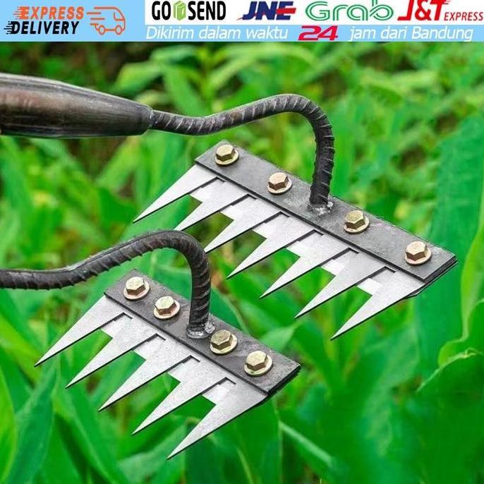 BLAZONE Rake Alat Garukan Rumput Garpu Tanah Tanaman Berkebun Besi Pendek Alat Pencabut Rumput 5 Gig