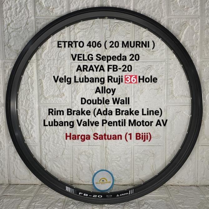 Rims Velg BMX 20 Murni ARAYA FB20 Lubang 36H Rim ETRTO 406 Double Wall Brake Line Valve AV Full Blac