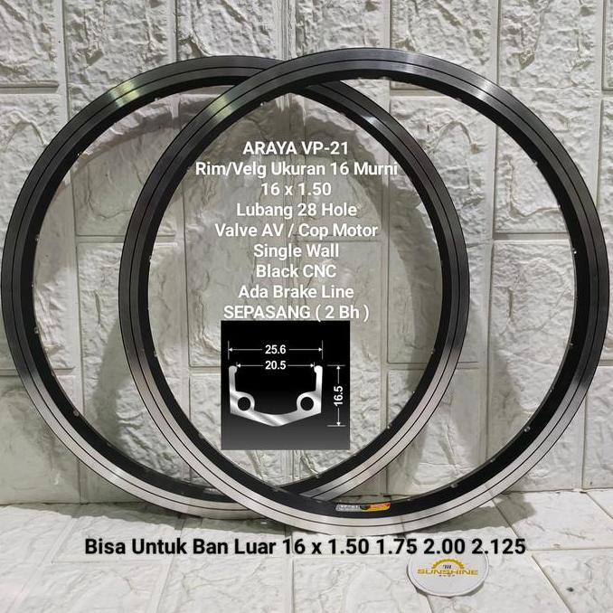 Rims Velg 16 Murni ARAYA VP21 ETRTO 305 Rim Lubang 28H Single Wall Black CNC Sepeda BMX CTB Lipat Se