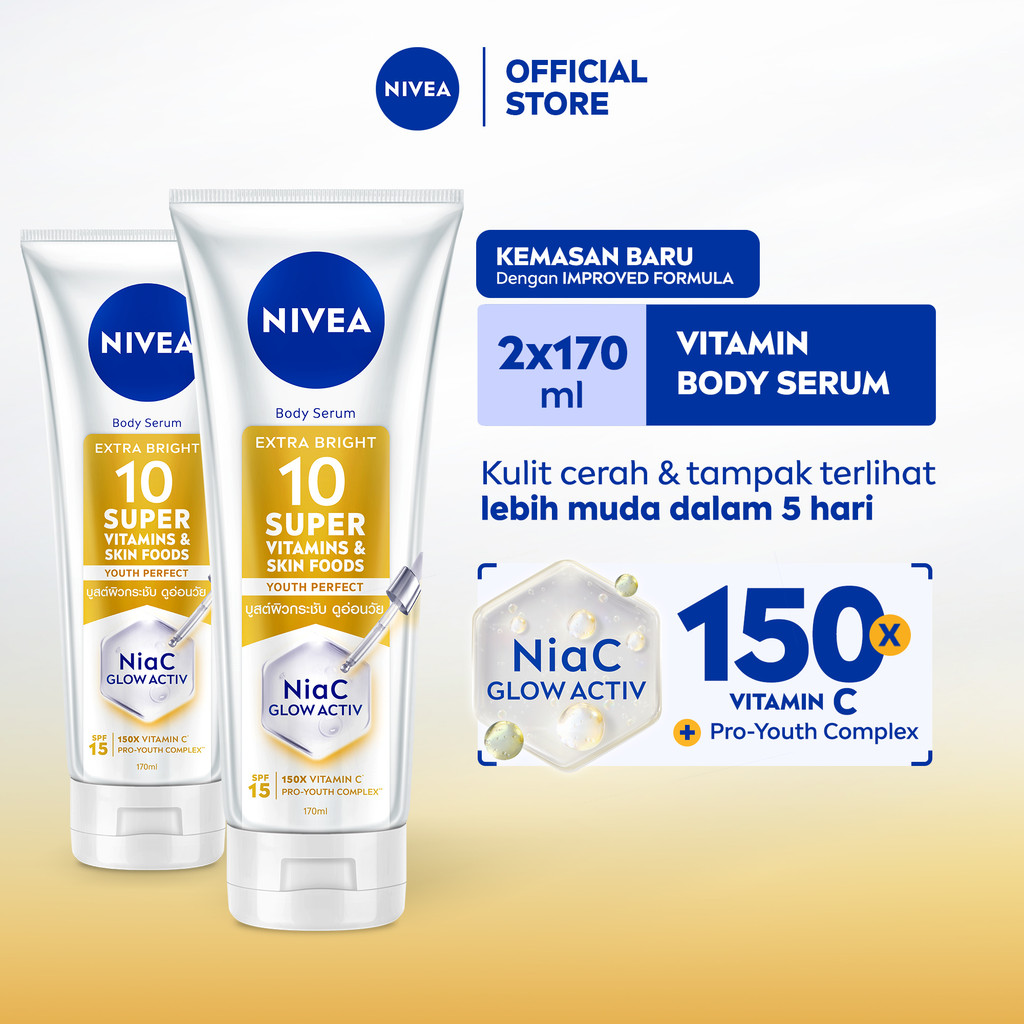 (PAKET HEMAT ISI 2) NIVEA Body Serum Extra Bright 10 Super Vitamins Youth Protect SPF15 170ml - Hand