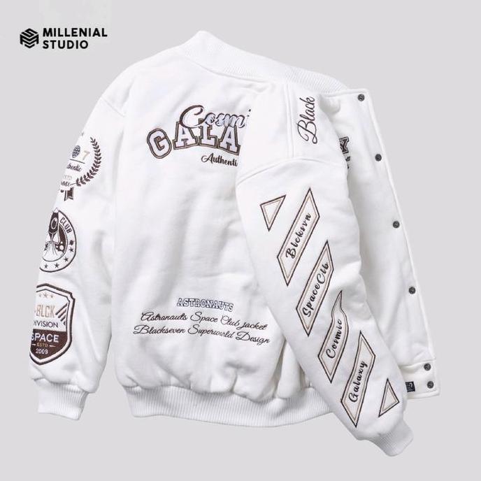 Varsity Jacket Cosmic Galaxy Full White Blackseven | Jaket Couple Pria Wanita | JAKET BASEBALL COTTO