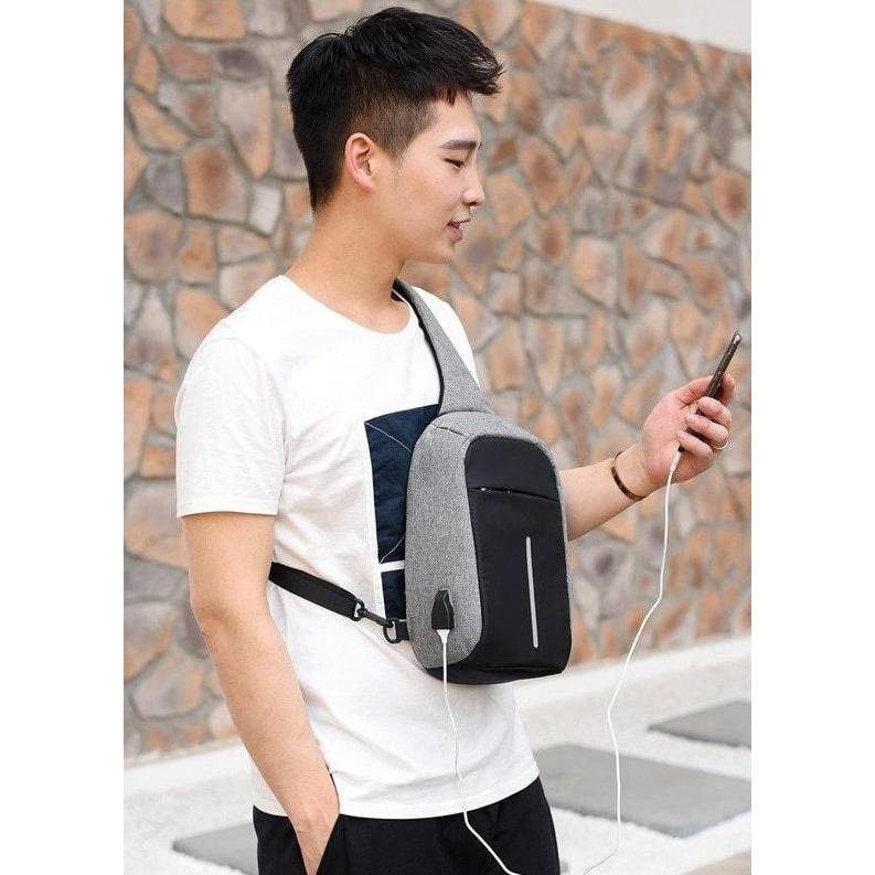 NEW TAS ANTI MALING PRIA WANITA USB CHARGER - SLING BAG BODYPACK IMPOR SAM ORI