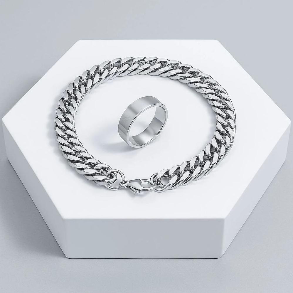 ORIGINAL MURMER - SATU PAKET GELANG RANTAI TITANIUM DAN CINCIN MODEL PUNK PRIA DAN WANITA
