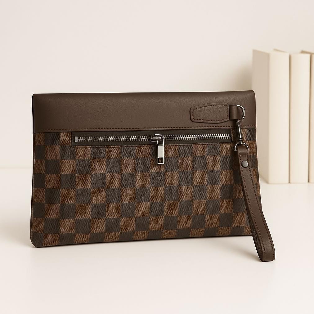 new arrival handbag pu leather webbing etnik polyester glossy motif kotak-kotak / coklat / clutch ba