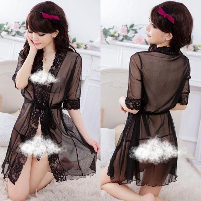 Diva Lingerie Set Wanita Piyama Kimono Bahan Renda Transparan Model Baju Fit Warna Ungu & Hitam Eleg