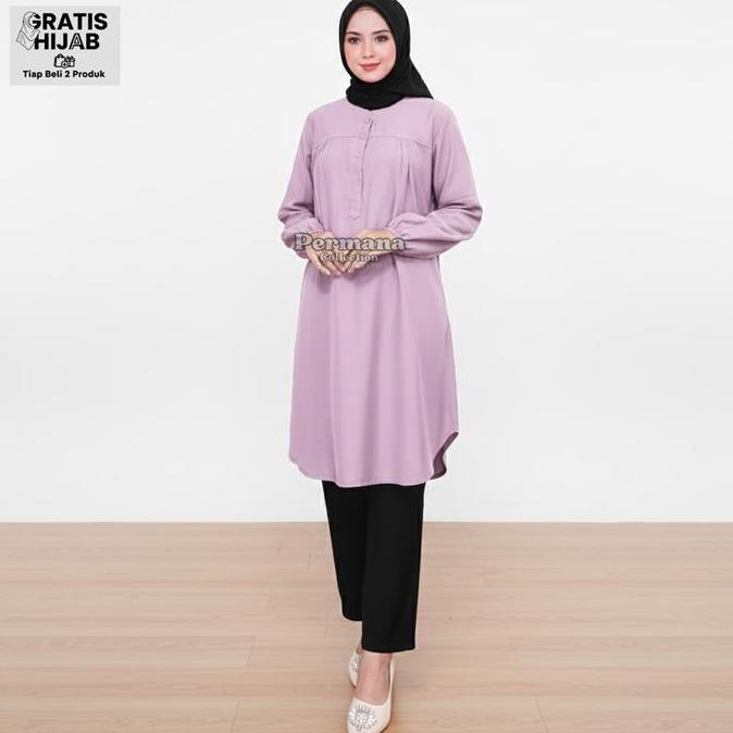 Religion- Atasan Wanita Lengan Panjang Baju Kemeja Muslim Tunik Warna Merah Dewasa Rayon Kantong Bas