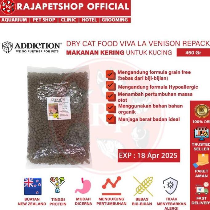 Promo ( PAKAN ) ADDICTION CAT VIVA LA VENISON REPACK 450 GR DRY FOOD MAKANAN KUCING GRAIN FREE Disko
