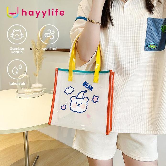 New HAYYLIFE Tas Tote Bag Anak Kecil/Dewasa Anti Air Transparan Kapasitas Besar Kartun Jelly Bahan P