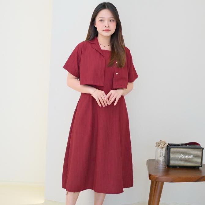 Hari Set 2in1 Midi Dress Blazer / Blazer Crop Kancing & Dress Midi Polos