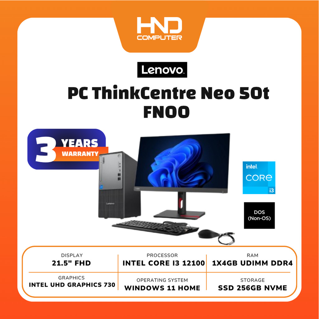Lenovo ThinkCentre Neo 50t FN00 Intel Core i3-12100 4GB 256GB SSD LED 21.5 DOS