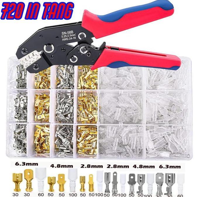 Set 720Pcs Skun Cewe Cowo Crimp Terminal Konektor Gepeng Tembaga With Insulated In Tang Crimper Kabe
