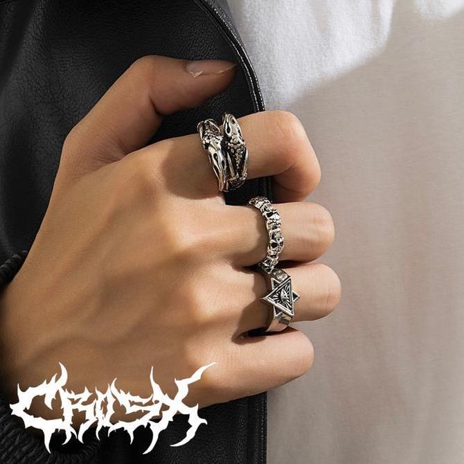 Youboy- Uae Ring Set / 3Pcs Claw Dragon Skull Hexagram Eye Triangle Cakar Mata Naga Cincin Hitam Sil
