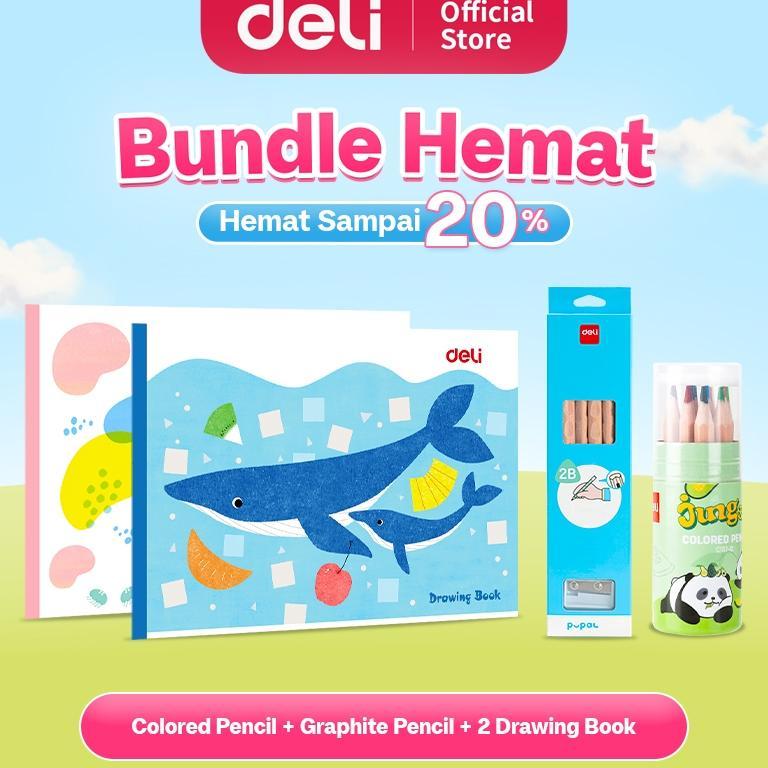 Deli Bundle Hemat 1 / 1 Set Pensil Warna 12 Warna, 1 Set Pensil Sketsa 2B, 2 Buku Menggambar