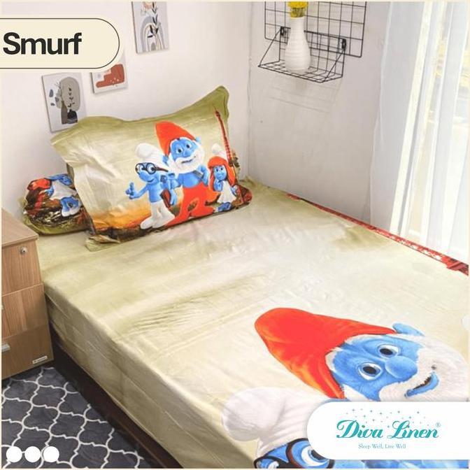 TERLARIS SPREI SMURF BAHAN KATUN JEPANG UKURAN 120X200 TINGGI 40CM
