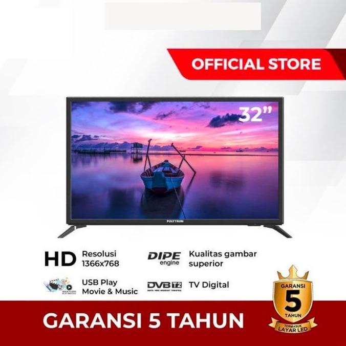 TERLARIS LED TV POLYTRON 32 INCH 32INCH PLD32V1853 PLD 32V1853 USB MOVIE DITAL DVB T2 HITAM LAYAR HD