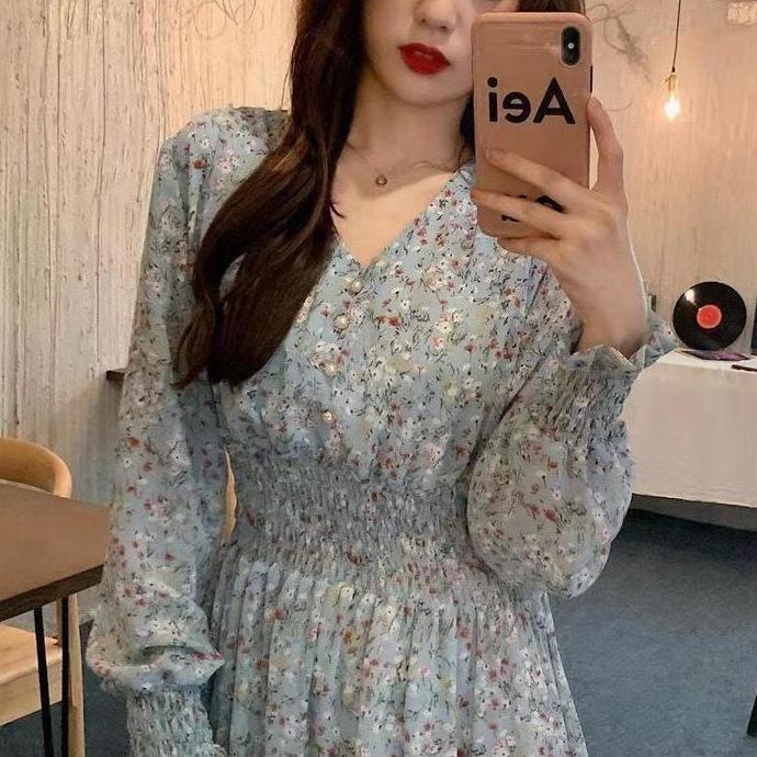 LIFESTYLE [JESSICA]Dress motif tunik bunga sifon lengan panjang Korean Style Casual Wanita LIFESTYLE