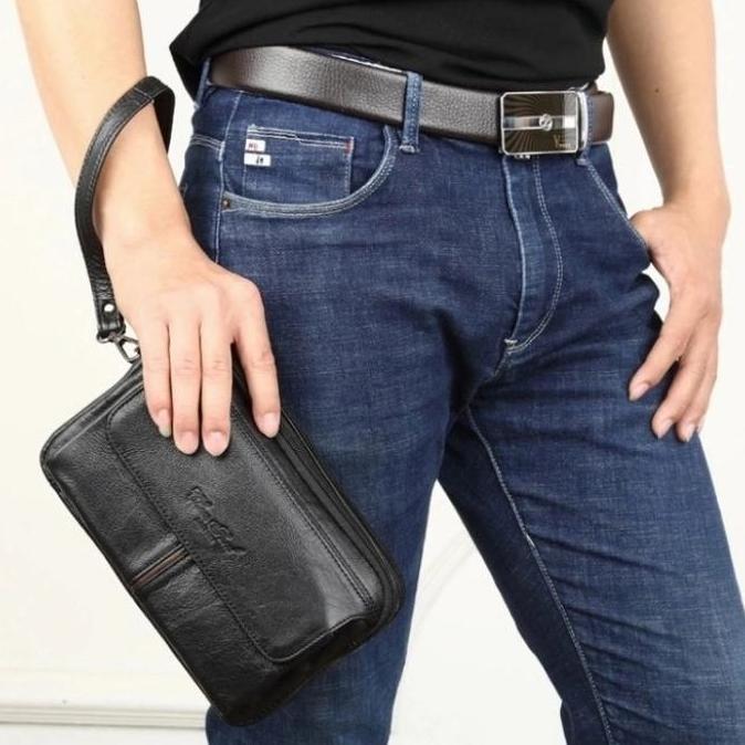 Sale Handbag Kulit Pria Tas Tangan Kulit Asli Tas Genggam Hitam