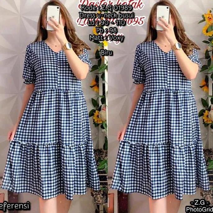 TERBARU  Dress  kotak voxy premium leher V TERBARU 