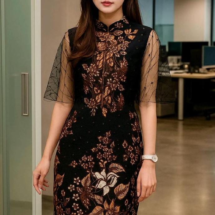 BELI model Korea dress batik premium baju pesta mewah kombinasi tile elegan murah terbaru BELI