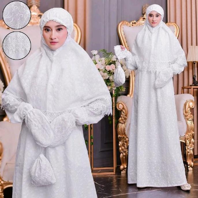 Gamis Ihrom Wanita Umroh Haji Satu Set Komplit Marwa Katun Paris Bordir Pakai Furing ( Bergo Sarung 