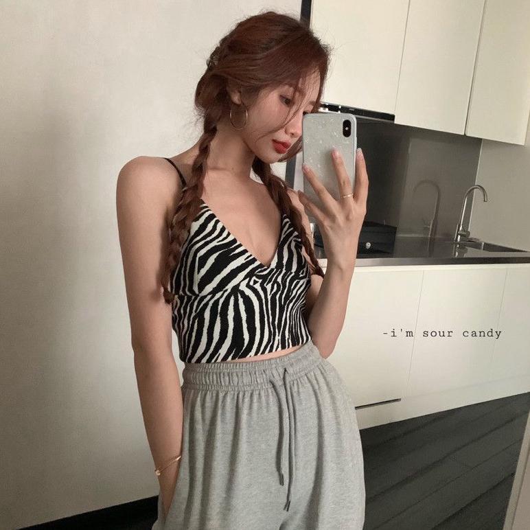 cod- Tank Top Crop Wanita Motif garis Tanktop Korean Printed Zebra Fashion