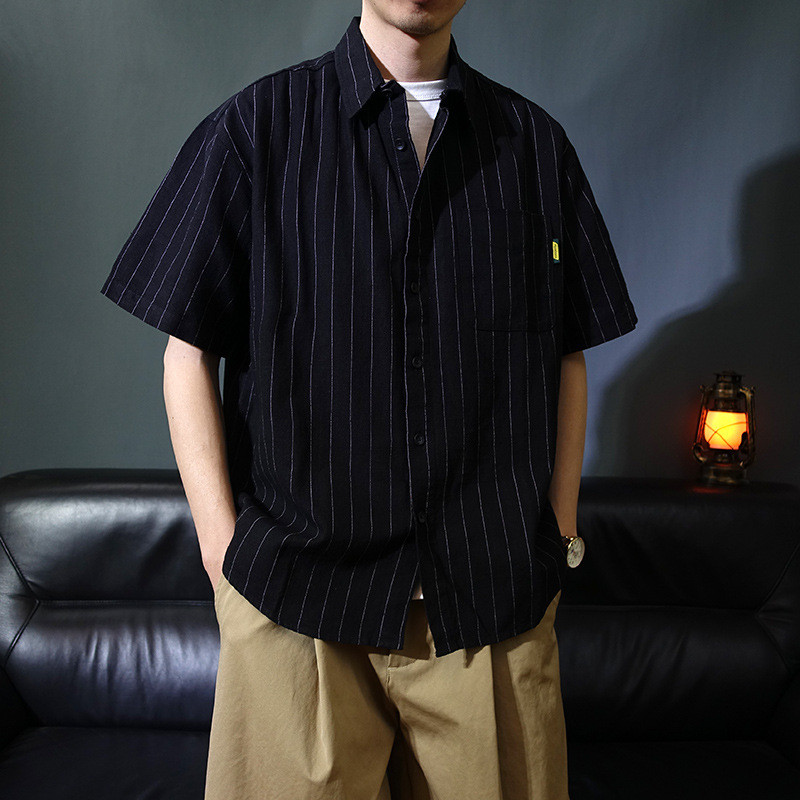 Kemeja Pria Lengan Pendek Motif Garis Vertikal Bahan Linen Kasual untuk Musim Panas