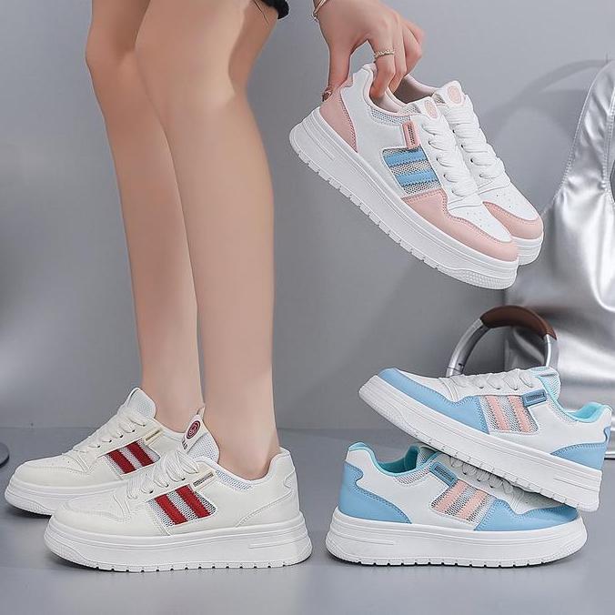 Lurad Sepatu Wanita White Sneakers Pink-Blue Kasual Jalan-Jalan Ootd Genz Qn2555