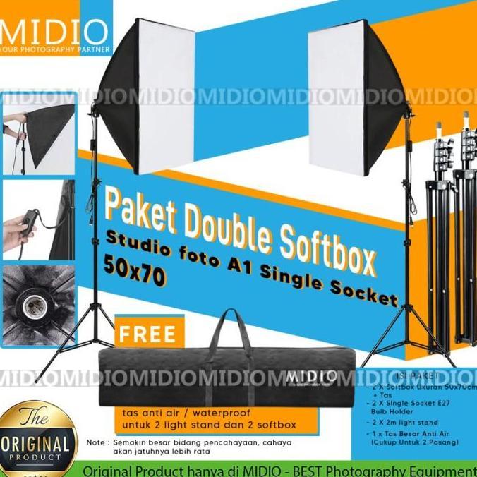 Paket Double Softbox Midio A1 + 2 Light Stand 2M + 2 Socket E27 + Tas Waterproof Pilih Ukuran Softbo