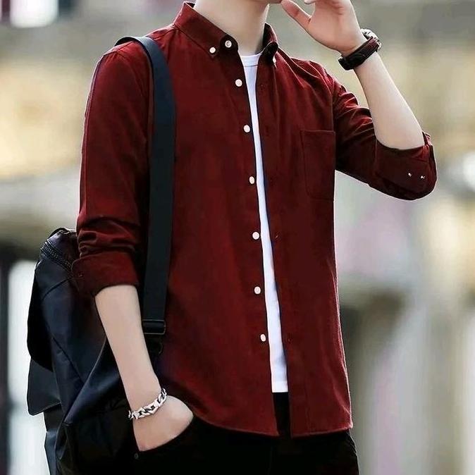 DISKON Kemeja Pria Polos Lengan Panjang Maroon Hitam Nevy Bahan Katun Premium Hem Casual DISKON