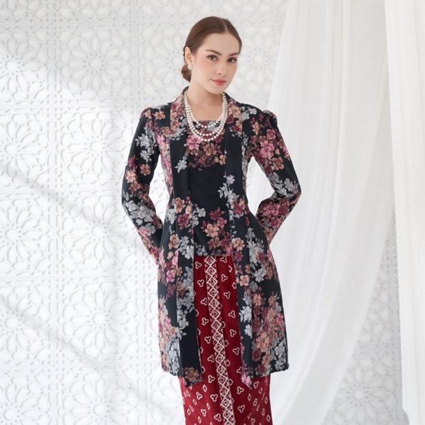 Premium Kebaya Kutubaru Tunik Floral / Kutubaru Modern Hitam / Kebaya Jumputan Solo / Baju Wisuda / 
