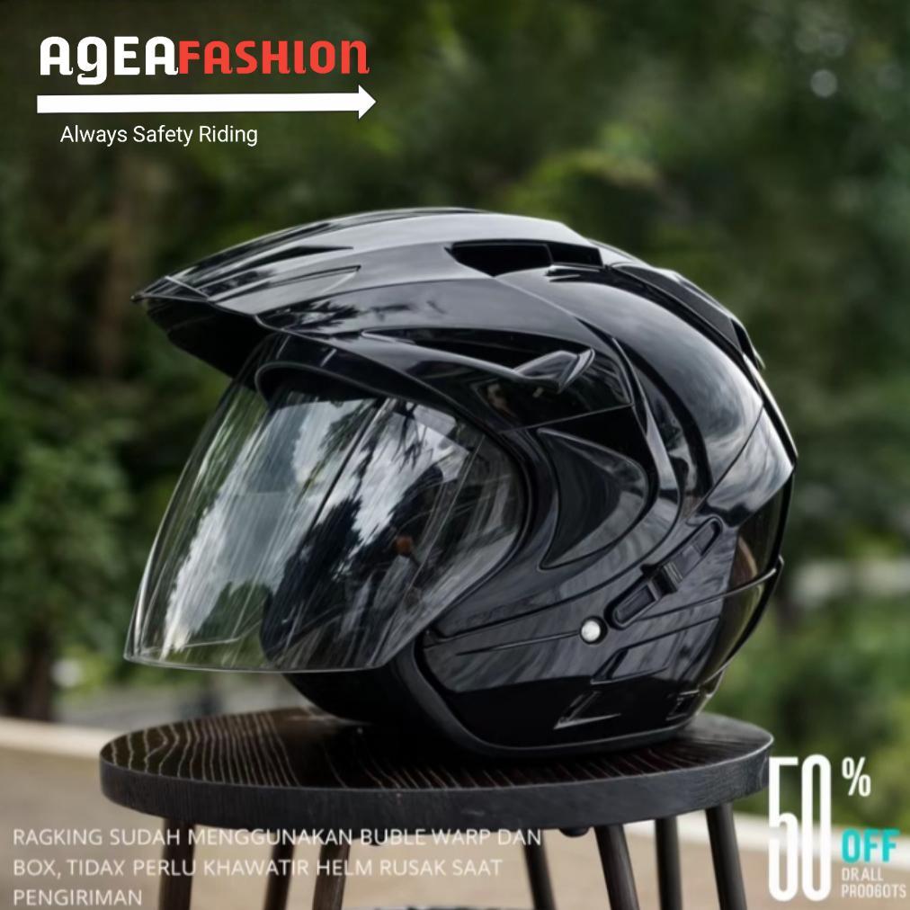 ( DOUBLE VISOR ) Helm double visor half face INK pria wanita dewasa SNI cewek cowok hitam glossy