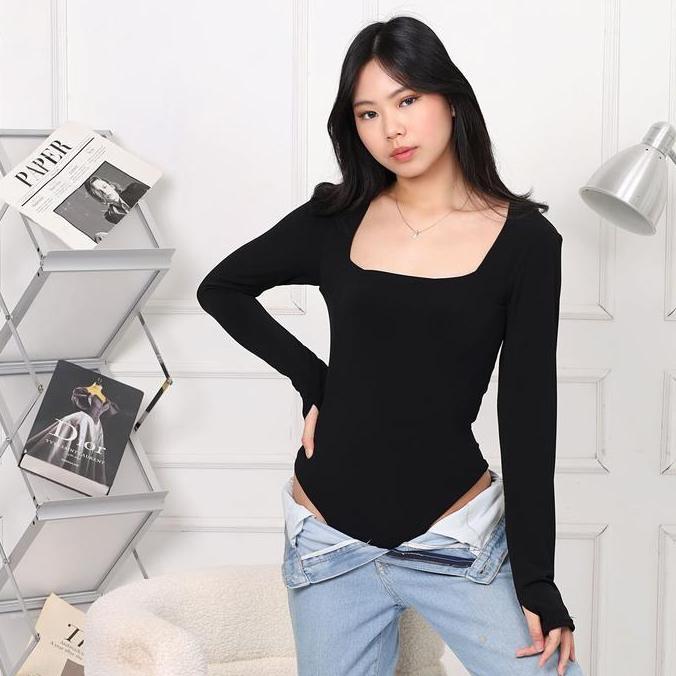 [Lolabae] Miji Xxl Bodysuit Wanita Long Sleeve Leher Kotak | Bodysuit Xxl Basic Polos Lengan Panjang