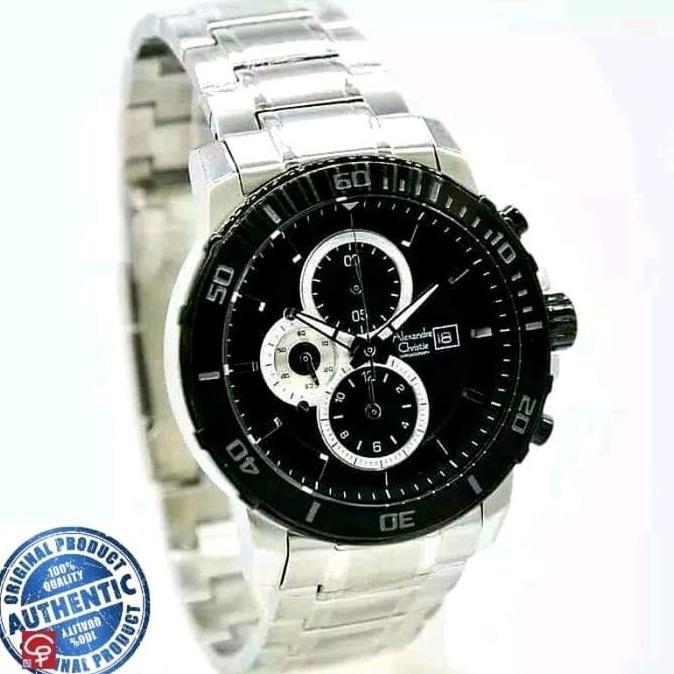 ALEXANDRE CHRISTIE AC6473 AC 6473 SILVER BLACK WANITA  PRIA JAM TANGAN ORI