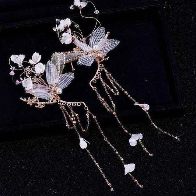 Sepasang Earcuff Gold Pita Butterfly Headpiece Hiasan Telinga Jepit Bentuk Kupu Kupu