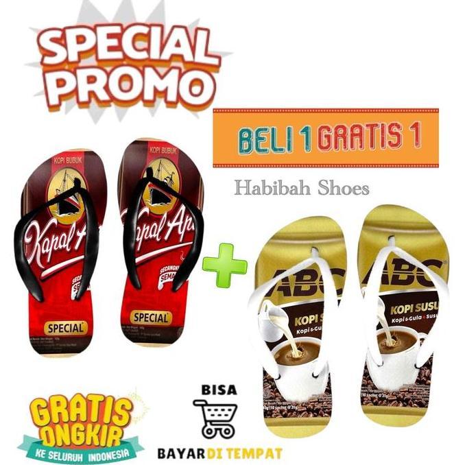 MURAH LEBAY BELI 1 GRATIS 1 SANDAL JEPIT PRIA TERBARU MOTIF KOPI KAPAL API GILUS MIX TORA BIKA WHITE