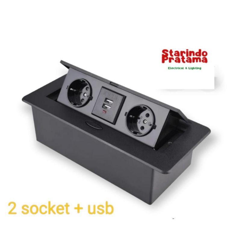 STOP KONTAK MEJA TANAM POP UP SOCKET 2 LUBANG + USB CHARGER HITAM