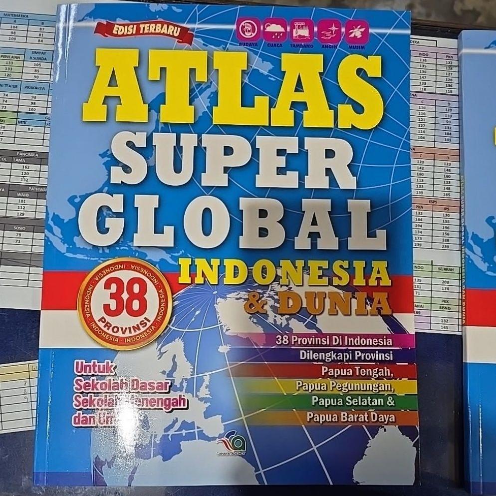 ATLAS SUPER GLOBAL DUNIA DAN INDONESIA 38 PROVINSI TERBARU TER LENGKAP TERLENGKAP FULL COLOR BEST SE