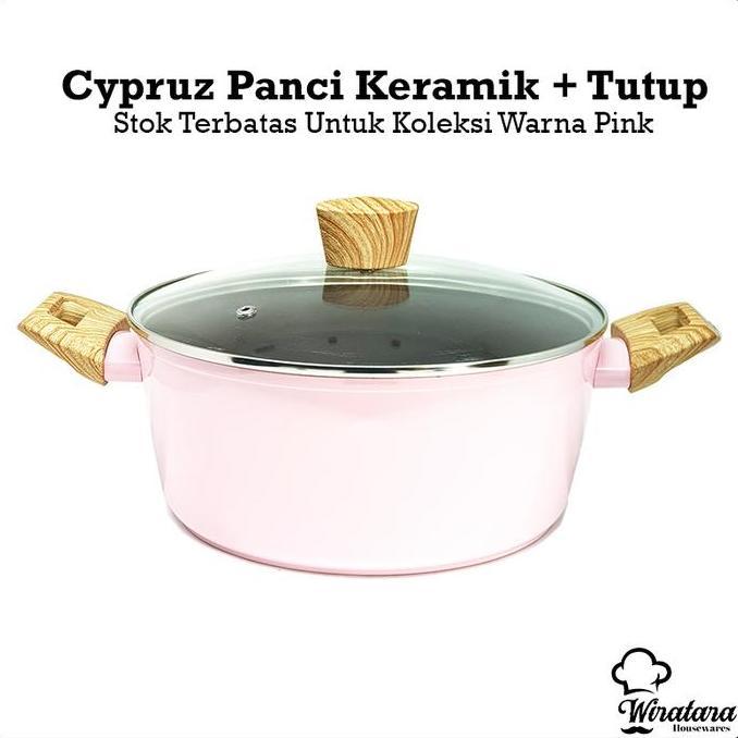 Cypruz Panci Keramik + Tutup Kaca Pink 24cm | Casserole Marble Induksi