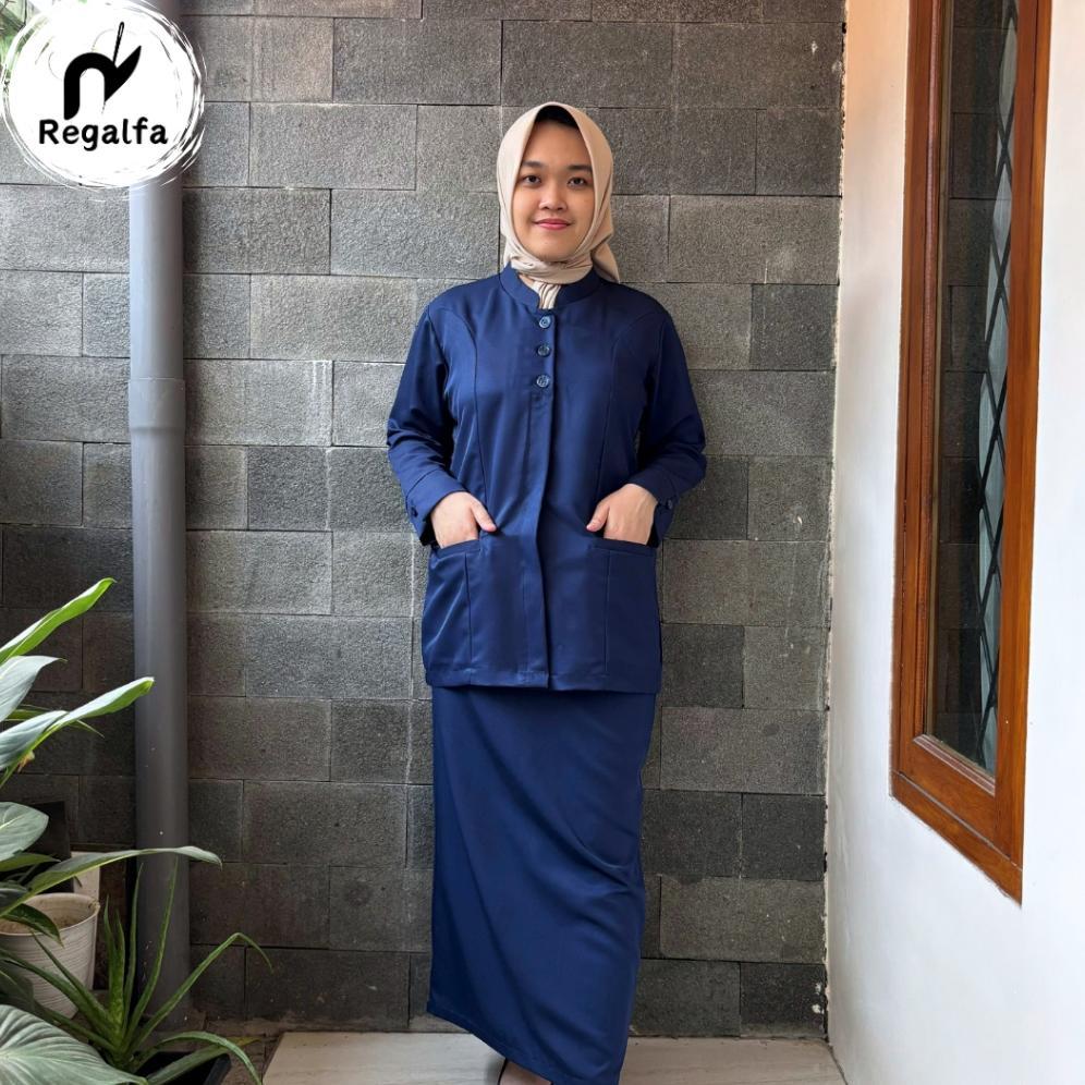 PREMIUM SETELAN PDH BAJU SERAGAM DINAS PNS WANITA WARNA NAVY/BIRU DONGKER PAKAIAN GURU CEWEK TERBARU
