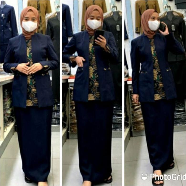 ORIGINAL SETELAN SERAGAM KERJA BIRU DONGKER GURU WANITA BLAZER WARNA NAVY  JAS GURU PDH SERAGAM PNS